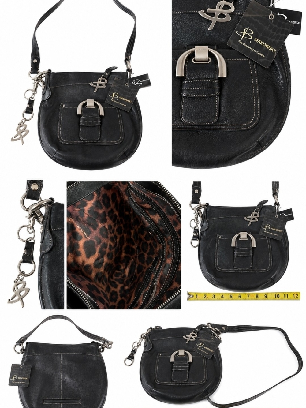 Makowsky Black Pebbled Leather Shoulder Bag NWT Silver Hardware Leopard Lining